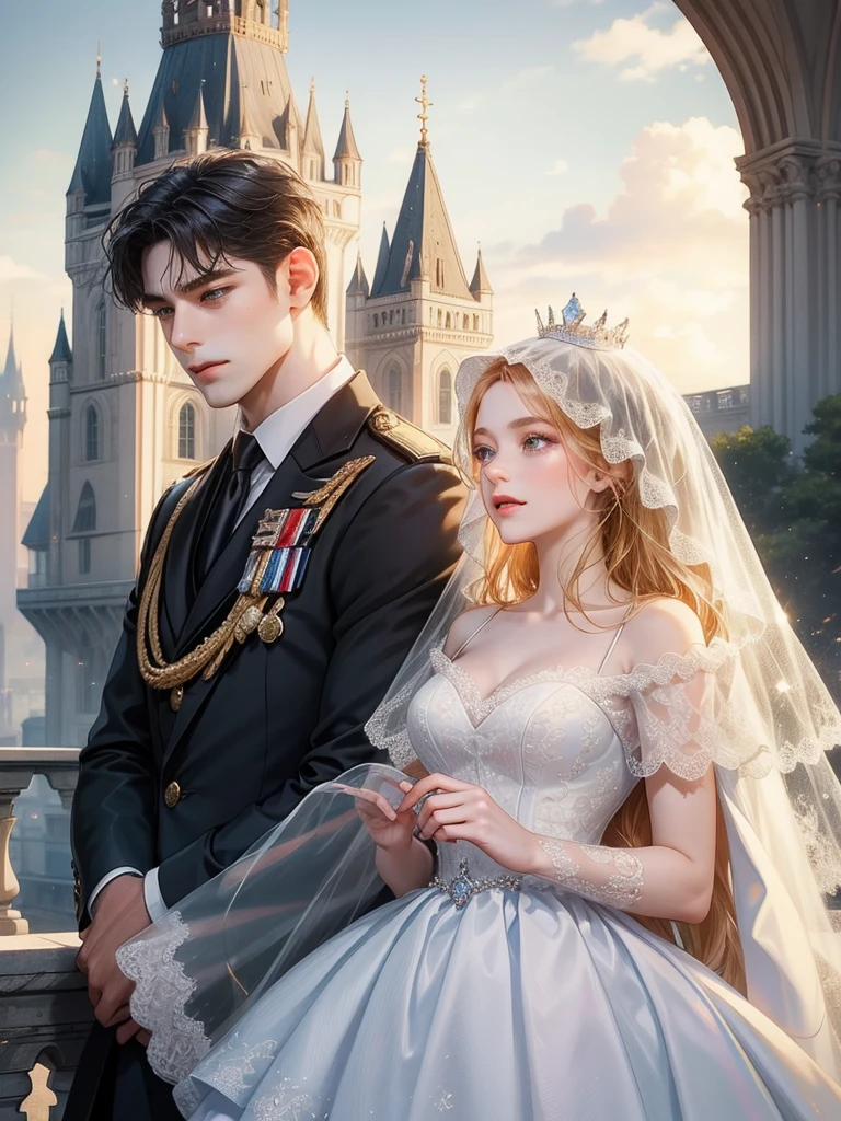 (1 man and 1 woman looking at each other on the arch bridge), Couple, princess, Crown Prince, Cathedral backdrop,bridal veil,wedding dress,An arrogant face