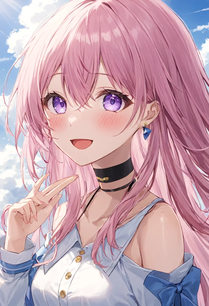 Super detailed,(highest quality),((masterpiece)),(High resolution),original,very,Sanyueki, One girl, alone, Pink Hair, smile, null, bangs, Open your mouth, :d, View Viewer, blue null, Long sleeve, Long Hair, Purple eyes, Outdoor, shirt, Hair between the eyes, cloud, choker, Day, white shirt, salute, chest, black choker, Earrings, Upper Body, blush, Pink Eyes, cloudy null, jewelry, blue eyes, Exposing shoulders