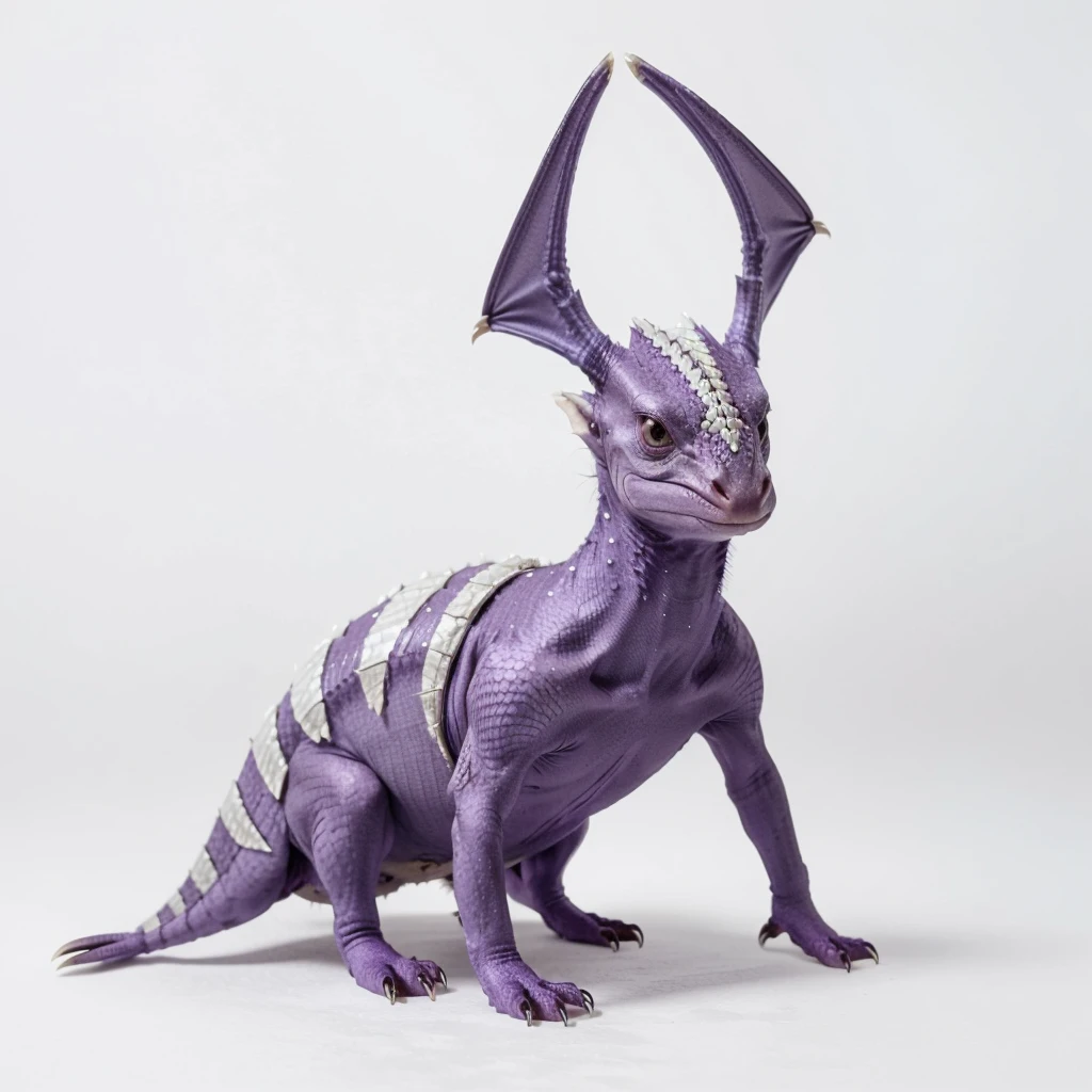 (Small Animaly), silver and purple colour skins, has scales, his body is shaped like a pterodactyl but his face is like a aliens, snow background, (white background simpleks)