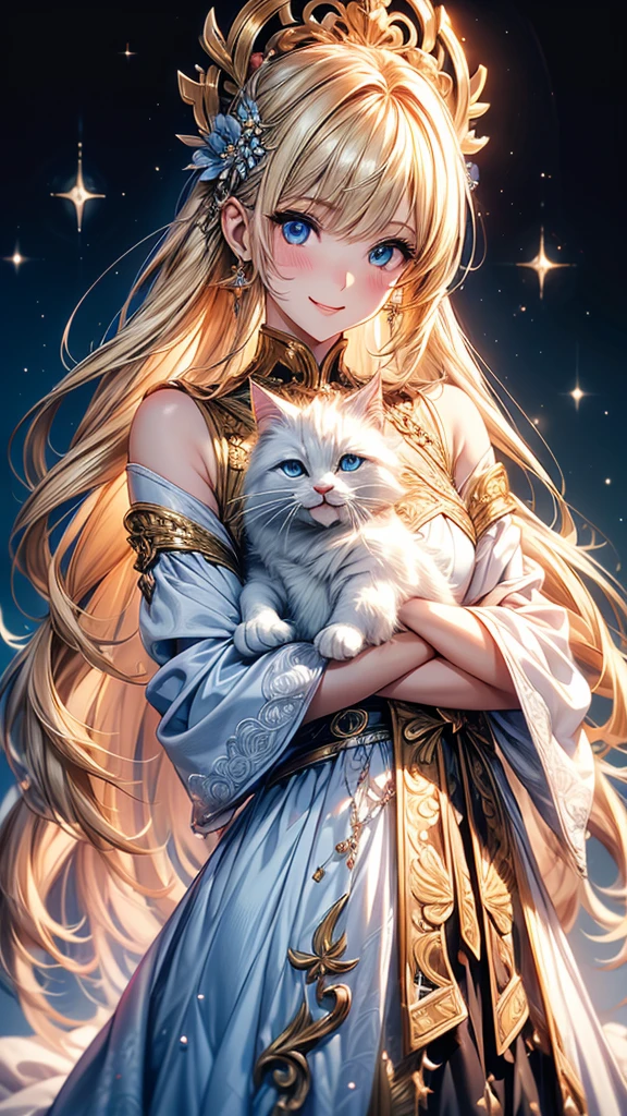 Highly Detailed CG Unity 8K Wallpaper, pretty girl, Mature blonde girl, Half Up,beautiful girl, Hot Maiden, Pale skin (super masterpiece, Fantasy art with intricate detail:1.5，Beautiful person, Well detailed face polluted smile, Her flat chest is completely hidden by her dress、Realistic, Surreal), Pray to the stars,Girl holding cute white cat with big eyes in her arms