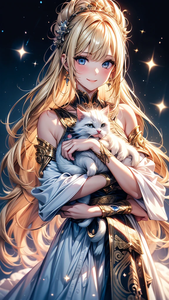 Highly Detailed CG Unity 8K Wallpaper, pretty girl, Mature blonde girl, Half Up,beautiful girl, Hot Maiden, Pale skin (super masterpiece, Fantasy art with intricate detail:1.5,Beautiful person, Well detailed face polluted smile, Her flat chest is completely hidden by her dress、Realistic, Surreal), Pray to the stars,Girl holding cute white cat with big eyes in her arms