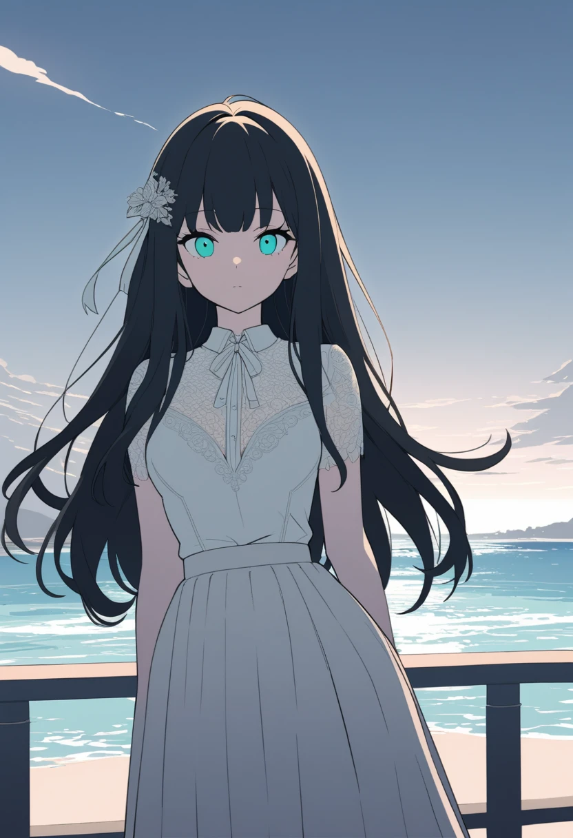 masterpiece,((Clear lines)),  Limited edition palette,highest quality, Flat Color, Low contrast, ((One girl)),(((Very delicate and beautiful girl))),(Beautifully detailed face),(Beautiful fine details),{Long Hair},hair ornaments,((Middle chest)),Long black hair,Hair Ribbon, , Are standing,((View Viewer:1.6)), View from below,Beautifully detailed skies,Bright sky,Cloudy,sunlight, (Detailed Light),Lighting,colorful,Ocean,Beach, bridge,The way to school,Skyscraper, autumn, mist