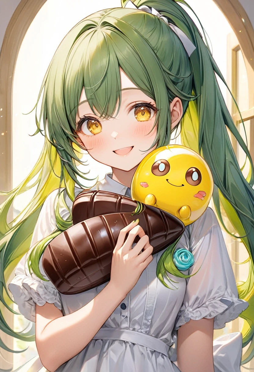 (15 yo, solo ponytail green hair long hair cute girl, cute yellow eyes, love smile), (hand holding a biggest shape of number 0:1.5 for chocolate), perfect anatomy, masterpiece, best quality, 16k, beautiful detailed grow, daydreaming expression.