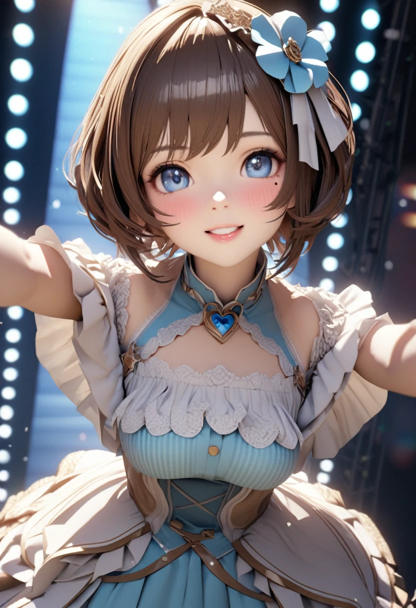 One Girl、Looking at the audience、
Beautiful Blue Eyes、Brown short hair、Mole under the eye、Plump and glossy lips、Heart-shaped choca、Idol、smile、ー、。.。.。.。.。.。.。.。.。.。.。.。.。.。.。.。.。.。.3D、Realistic、
Princess dress with too many frills、Drape clothes、gem、The decoration has been removed、Floral、Lace trim、bright stage、
masterpiece、highest quality、8k、Detailed skin texture、Detailed cloth texture、Beautifully detailed face、Intricate details、Very detailed、
超A high resolution、8K Ultra HD、Film Grain、Best Shadow、delicate、Staring at the audience、front