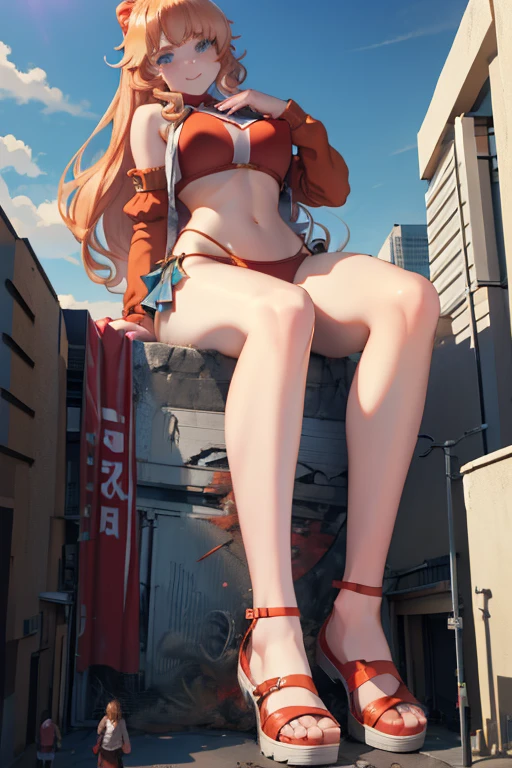 Giant Girl 50,000 feet high,Have a pair of long legs,Have a pair of huge breasts,Wearing a red bikini,Waist length blonde hair,Loose hair,Wear a pair of Mary Janes,Blonde curly hair,full of enjoyment,Staying put in a crowded city, vandalism,It seems to be an invincible existence,Beautiful appearance,Exquisite makeup,quality,8K,高quality,(Governor:1.5),Perfect proportion, theater lighting,Film Grain,Fuji Colors,8K,Textured Skin,Super Detail,High Detail,high quality,high resolution,thunderbolt,Fake laugh,Morning, Full body image