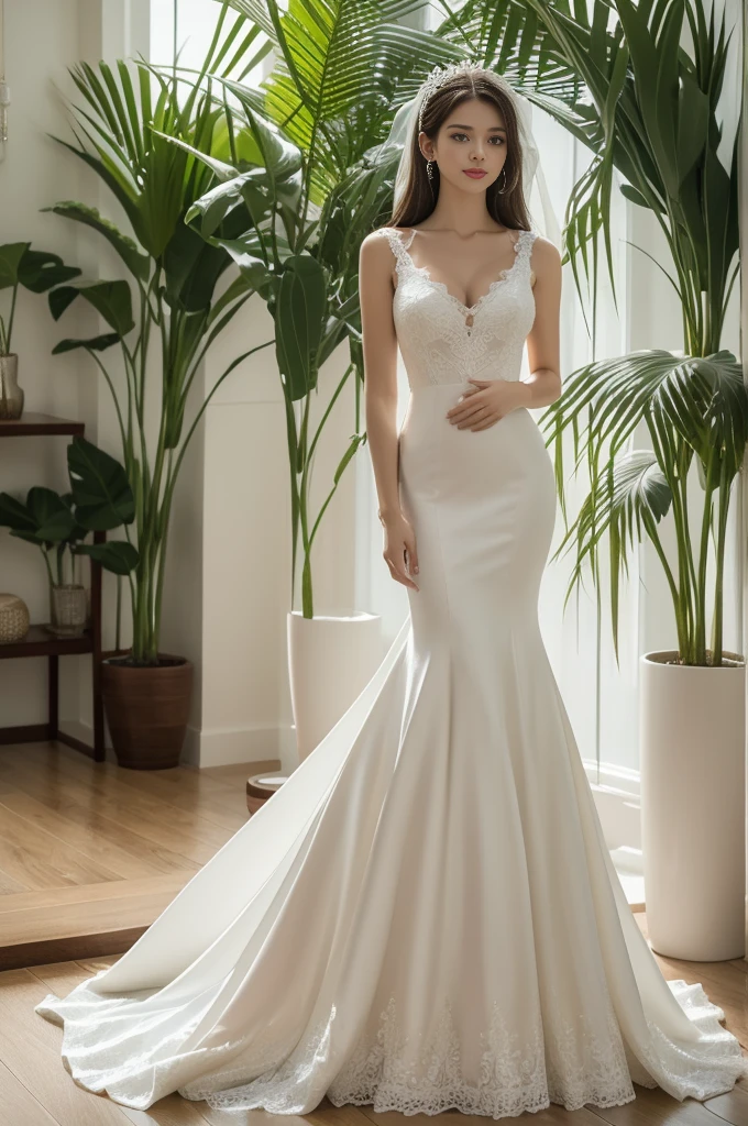 Top quality, Masterpiece, hyper HD, (Photorealistic: 1.4), RAW photo, 1girl,solo,Fashion model,Wearing a white mermaid wedding dress, v-neck dress style, Lace material, long tail, full body, in white room with indoor decorative palm tree,Stand upright and look straight.