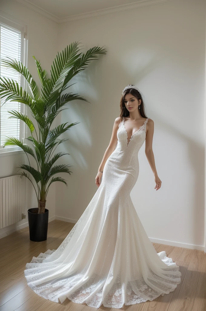 Top quality, Masterpiece, hyper HD, (Photorealistic: 1.4), RAW photo, 1girl，solo，Fashion model，Wearing a white mermaid wedding dress， v-neck dress style, Lace material, long tail, full body, in white room with indoor decorative palm tree，Stand upright and look straight.