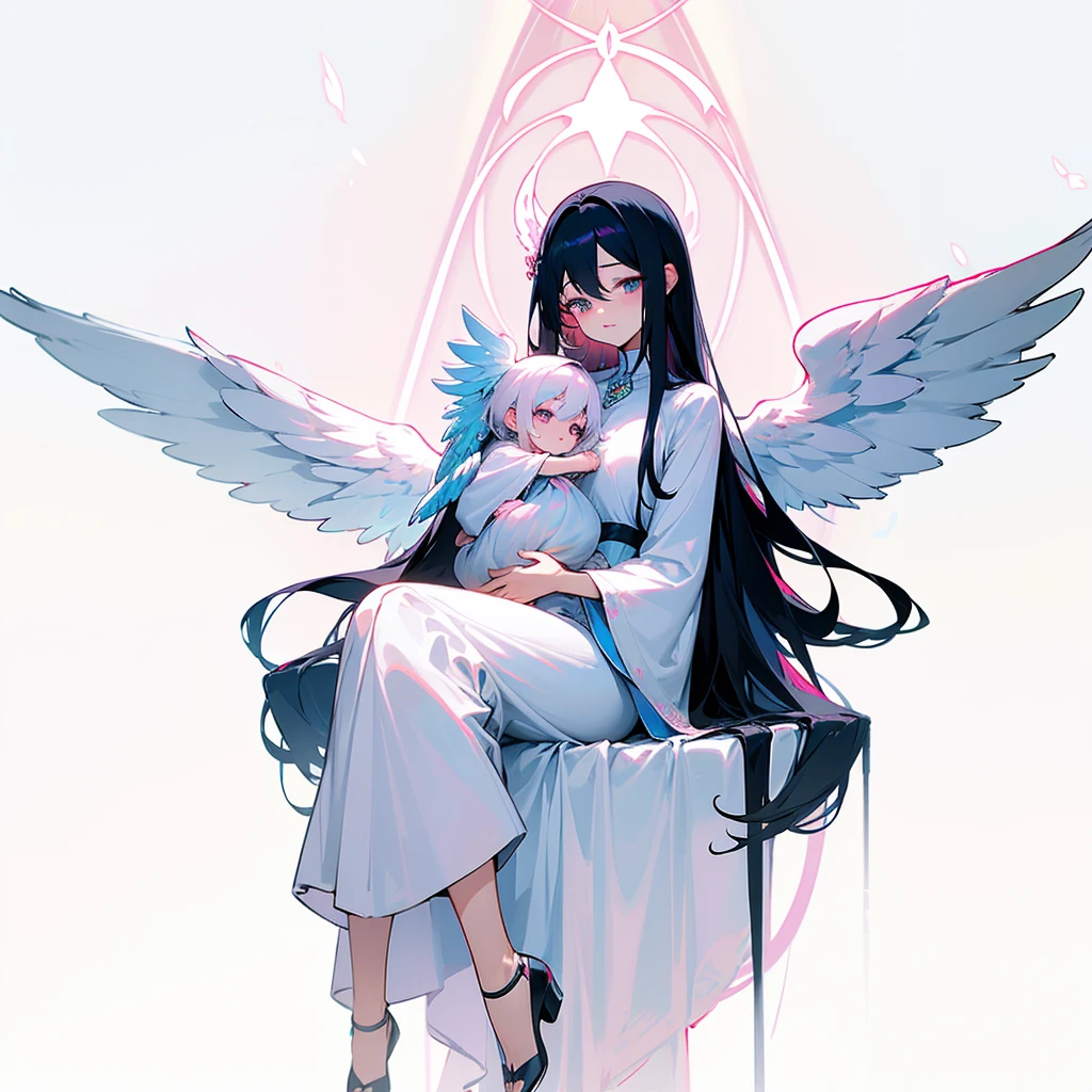 Biblically accurate angel, multiple eyes, rings of fire, cute, long black hair, thone, androgenous, long white tunic, baby blue light pink and white color scheme, peaceful expression, kind expression, motherly expression, powerful, sitting on a throne, pink white and blue wings, three pairs of wings, androgynous appearance, male, male angel, six wings, 6 wings,