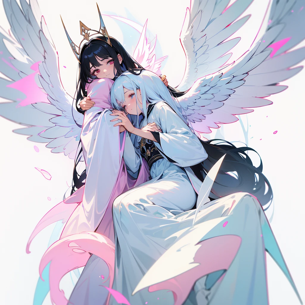 Biblically accurate angel, multiple eyes, rings of fire, cute, long black hair, thone, androgenous, long white tunic, baby blue light pink and white color scheme, peaceful expression, kind expression, motherly expression, powerful, sitting on a throne, pink white and blue wings, three pairs of wings, androgynous appearance, male, male angel, six wings, 6 wings,