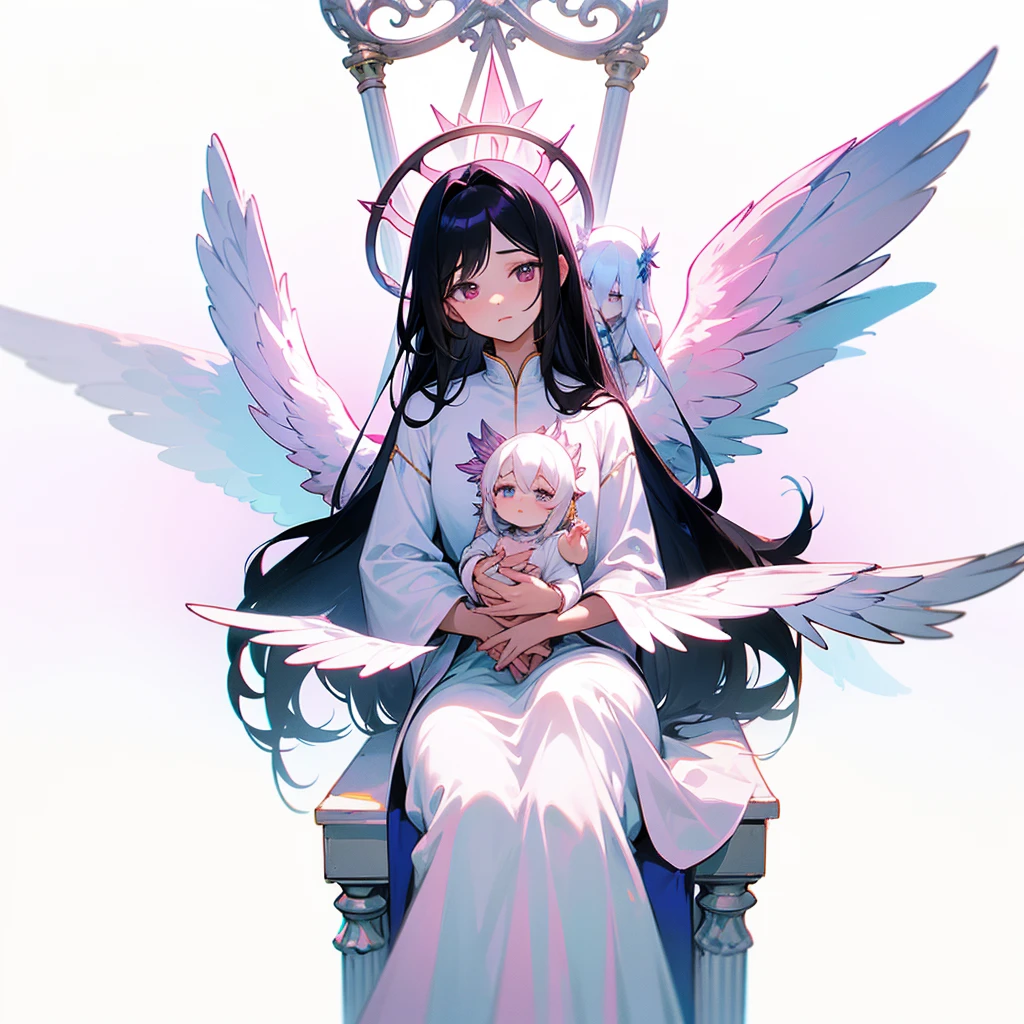 Biblically accurate angel, multiple eyes, rings of fire, cute, long black hair, thone, androgenous, long white tunic, baby blue light pink and white color scheme, peaceful expression, kind expression, motherly expression, powerful, sitting on a throne, pink white and blue wings, three pairs of wings, androgynous appearance, male, male angel, six wings, 6 wings,