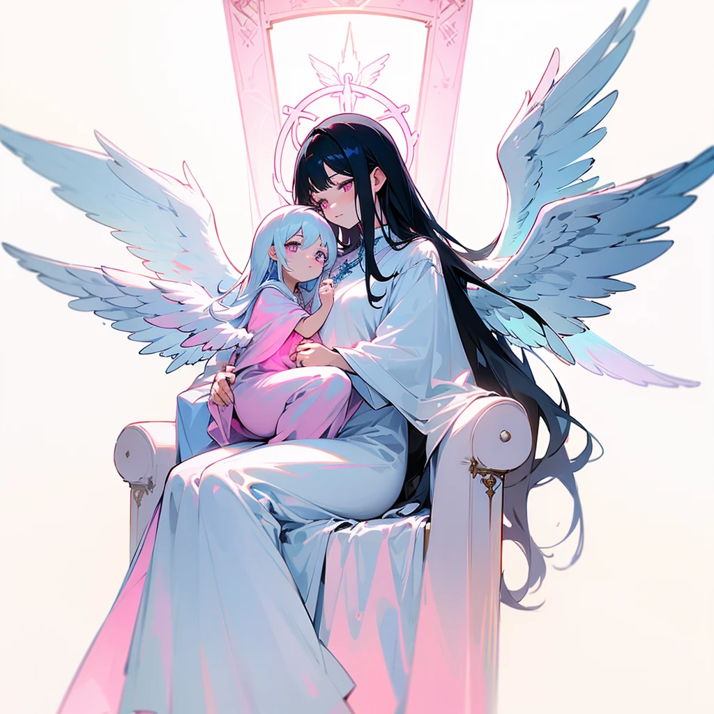 Biblically accurate angel, multiple eyes, rings of fire, cute, long black hair, thone, androgenous, long white tunic, baby blue light pink and white color scheme, peaceful expression, kind expression, motherly expression, powerful, sitting on a throne, pink white and blue wings, three pairs of wings, androgynous appearance, male, male angel, six wings, 6 wings,