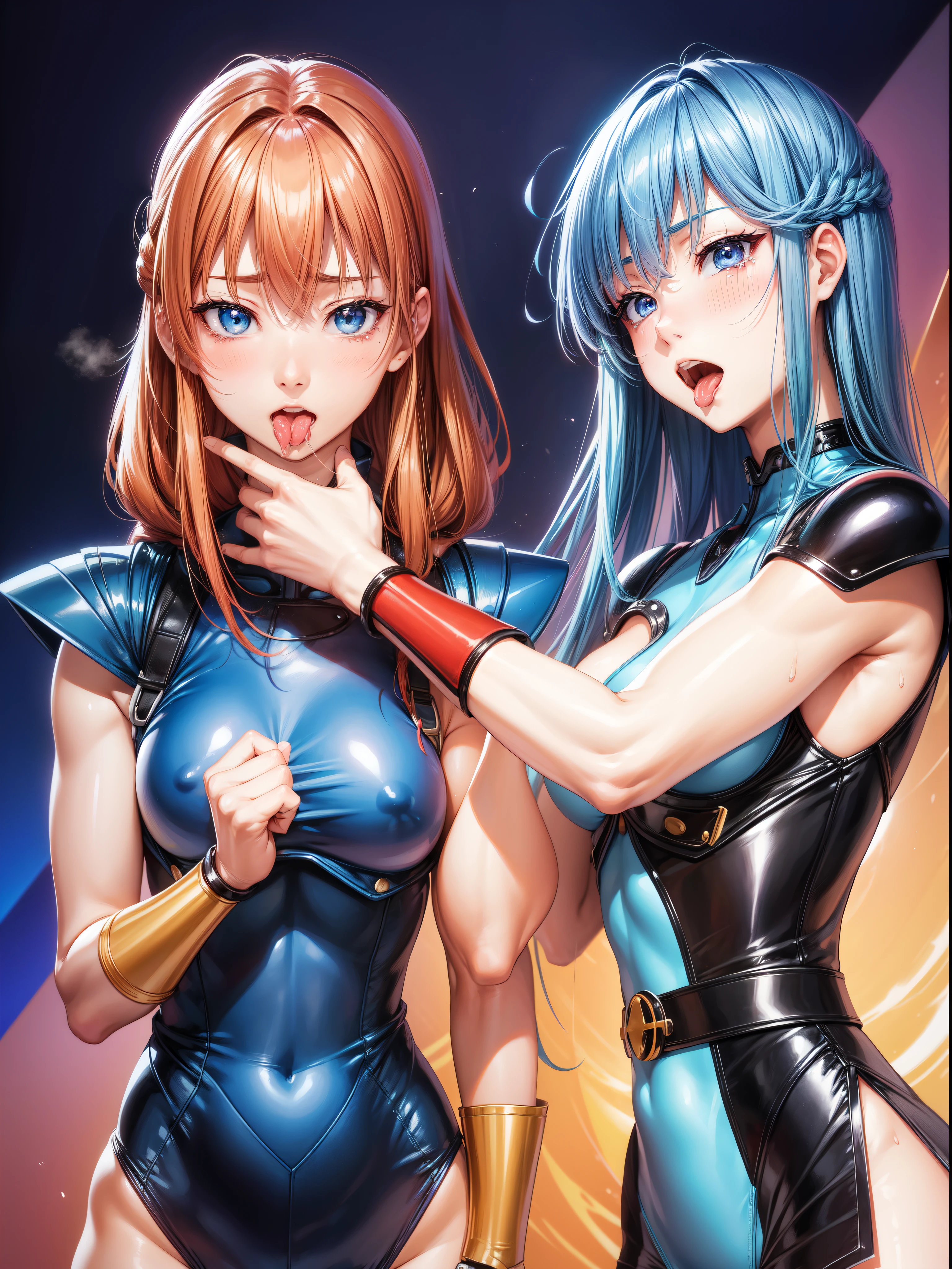 2Female Fighters、Japanese girl、Close-up of a girl in a blue leotard、Blue glossy leotard、Black fishnet stockings、Blue shiny boots、Saiyan Girl, wonderful, Nano Girl, Female body type, Inspired by Hiromu Arakawa, Anime Manga Robot!! Anime Girls, Fubuki, Full Body Suit, by Hiromu Arakawa、wonderful, silk, Beautiful and attractive anime , Anime Girls of the future, tears,Drooling,Pee,Sweat,Tongue out,incontinence,Peeing、Estrus、Eyes wide open,Estrus,Blushing,Nipples are erect,Face is hot、Lust、incontinence、Armpit Hair、pubic hair、Nipples are erect、My crotch is wet