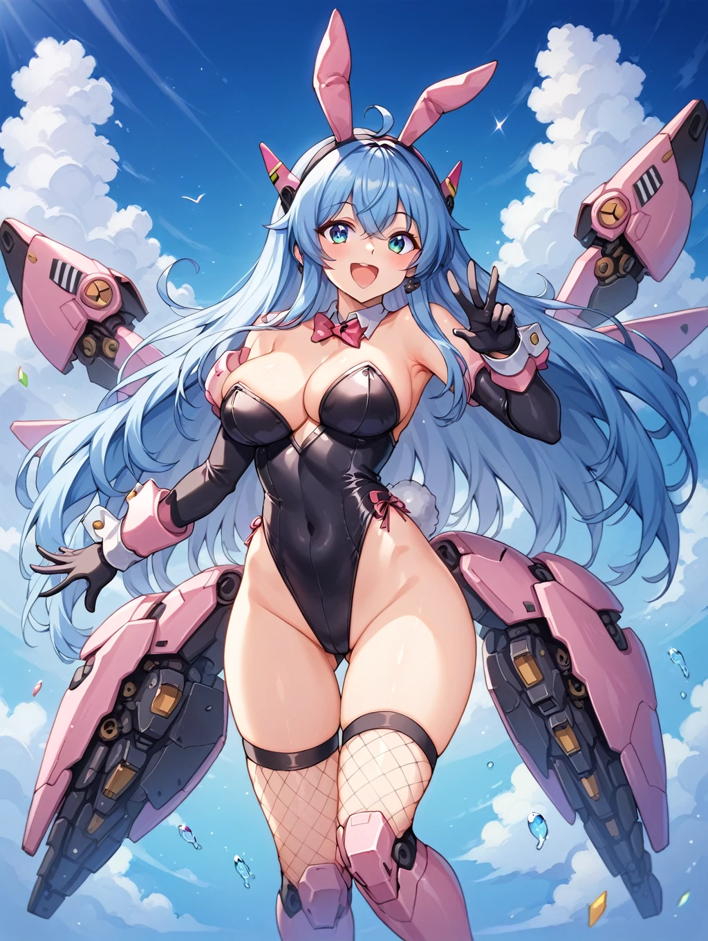 score_9, score_8_up, score_7_up, source_anime, masterpiece, best quality, high resolution, extremely detailed CG, absurdres, 1girl, a girl in mecha bunny suit, mecha bunny ears, fake animal ears, mecha armor,happy, kawaii, sky, jump, fishnet_thighhighs, large_breasts