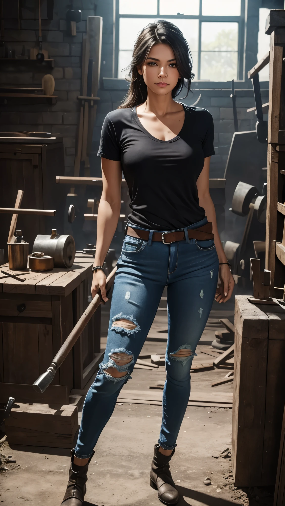 Best quality, full-body portraits, Skinny ripped blue jeans, blacksmith, female, though looking, oversized hammer, sweaty, rolled shirt,