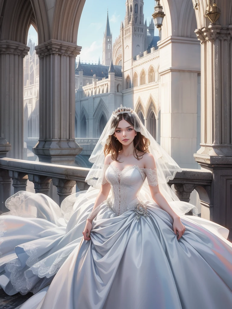 (1 man and 1 woman looking at each other on the arch bridge), Couple, princess, Crown Prince, Cathedral backdrop,bridal veil,wedding dress,An arrogant face