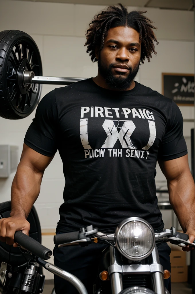 A black man with an ugly and fierce face, a very sturdy body, a bushy beard, and long, curly hair, wearing a t-shirt that says "parking" is lifting a motorbike.