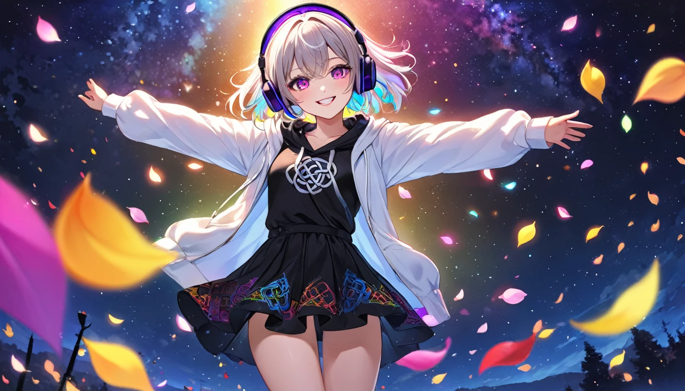 ((Masterpiece)), ((best quality)), (Anime:1.3), (super detail:1.2), (High Definition:1.3), (Professional Photography:1.3), ((12 years old)), cute young Girl, Glossy unruly hair, (loose swept bangs), (silver ash hair), medium hair, big eyes, (Eye bags:1.3), (Long eyelashes), colorful eyes, (evil smile and blush), Glossy lips, (jagged teeth), farewell, (white hoodie with oversized), barearms, cute, (full body:1.2), (colorful:1.3), gothic makeup, (wearing headphone), Dance joyfully, pretty, glassland, neon-lit, pretty, Celtic, maniac, facing the camera, colorful petals dance around, starry night,