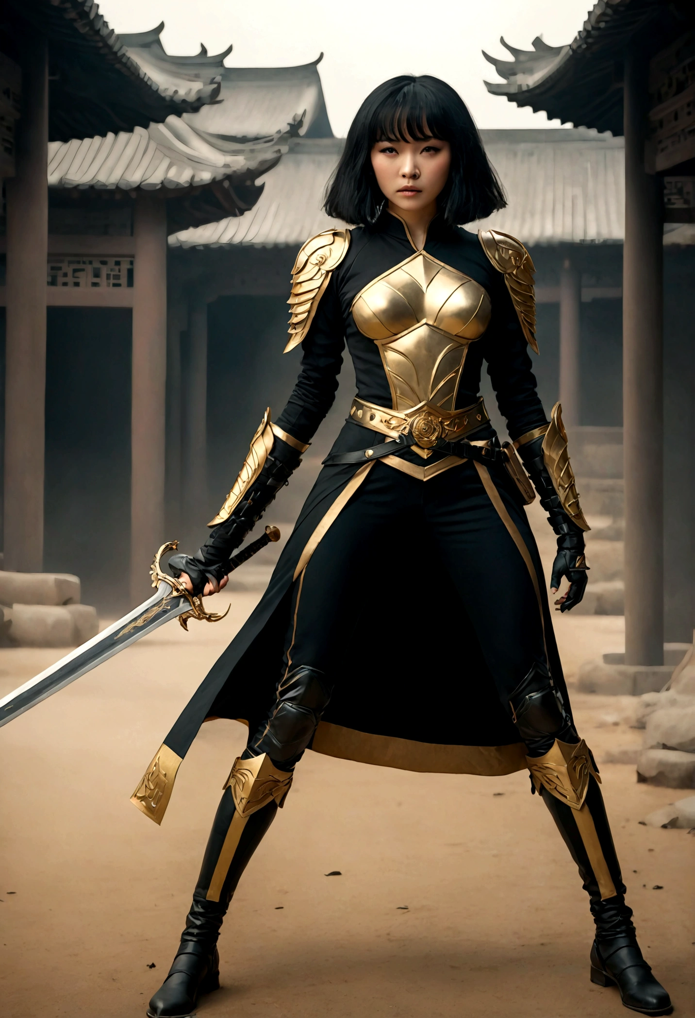 Beautiful Chinese woman in black and gold outfit, holds a sword, Zhilei Xin as the main character, full body cinematic shot, "modern superhero costume", Chinese woman with bangs, courageous character, Kind, Brave, on the battlefield, DC вселенная