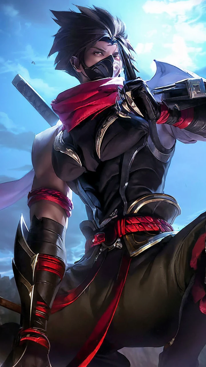 (masterpiece, best quality:1.1), thief (dq3), 1 boy, solo, short hair, white hair, blue eyes, medium breasts, pink gloves, jewelry, pearl necklace, earrings, belt, sword, yellow breastplate, black bodysuit, bag, (coin, sword on hip:1.2), (dutch angle, dynamic pose, from side:1.3), (blue skies, nature:1.2)