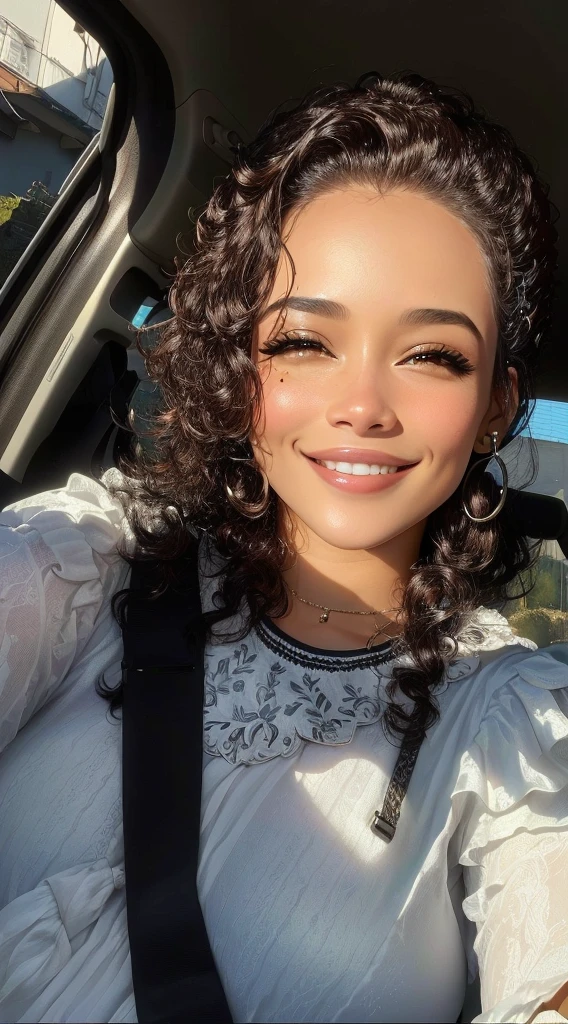 Uma mulher com cabelos cacheados e pele clara sorrindo
