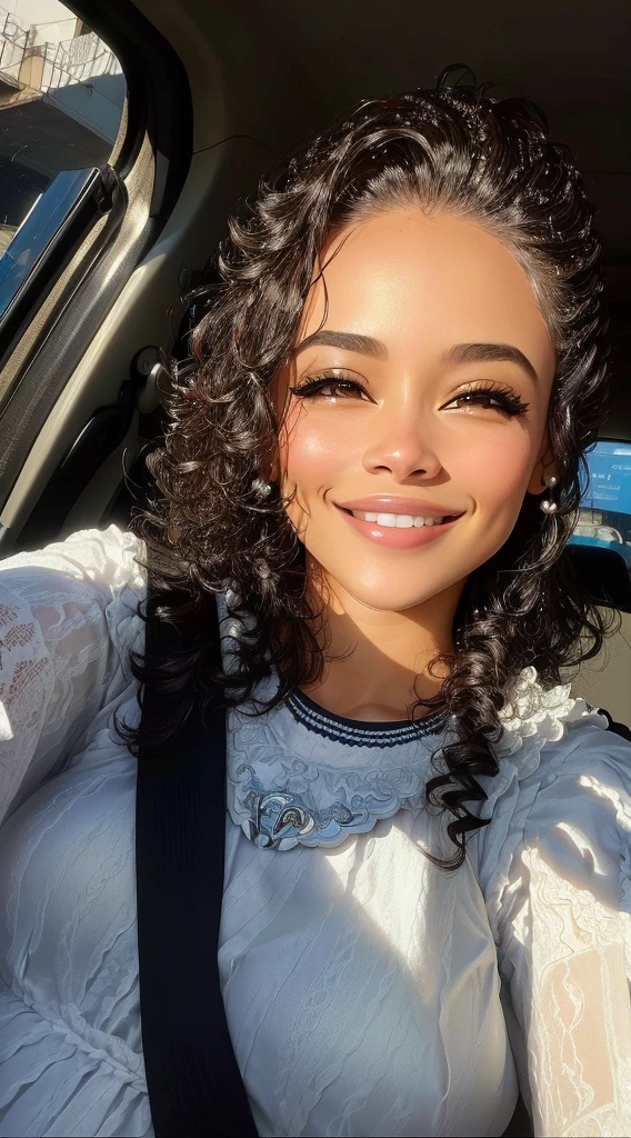 Uma mulher com cabelos cacheados e pele clara sorrindo