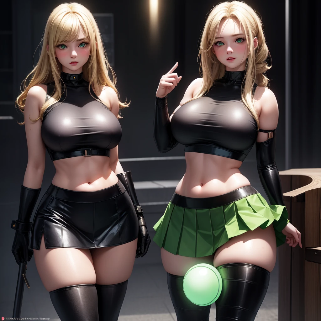 realistic, 1girl, blonde hair, green eyes, glowing eyes, crop top, skirt, parted lips, blush, curvy body, confident, dominant, bdsm