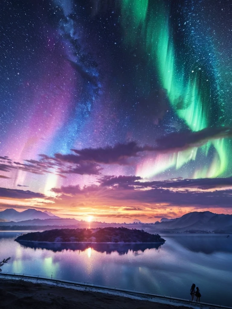 RAW Photos:1.2, masterpiece, highest quality, 16k, Unbelievably absurd, Very detailed, Perfect beauty, (Double exposure vibrant color silhouette:1.3), (Brightly colored overlapping silhouettes:1.2), (Water world photo landscape), Diamond dust, Starry sky with aurora, Flowing, Sheer dress, 長くFlowing髪, (lake:1.2), (Realistic photo scenery), (Starlight), (Dancing Girl), Portraiture