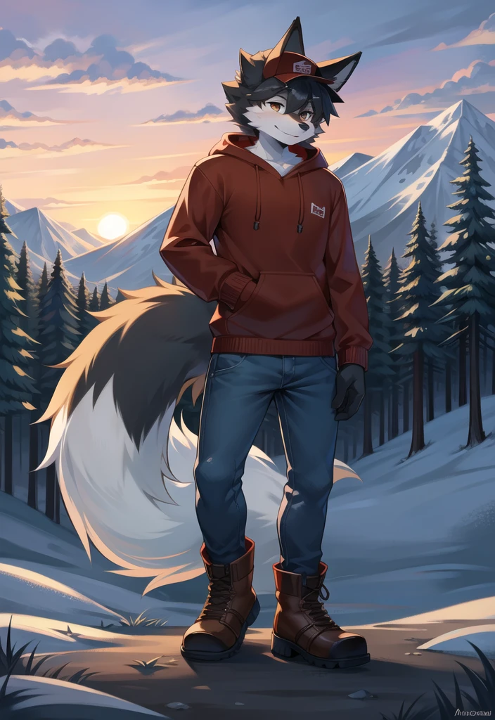(Fox, furry, anthropomorphic), Male, standing in forest, mountain background, outside, wearing jeans wearing red hoodie, Furry art, Fur on arms, big Floofy tail, fur on legs, (Black Fur covering whole body, Best quality, human like body figure), looking at sunset, wearing white hat, wearing boots