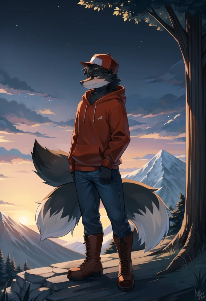 (Fox, furry, anthropomorphic), Male, standing in forest, mountain background, outside, wearing jeans wearing red hoodie, Furry art, Fur on arms, big Floofy tail, fur on legs, (Black Fur covering whole body, Best quality, human like body figure), looking at sunset, wearing white hat, wearing boots