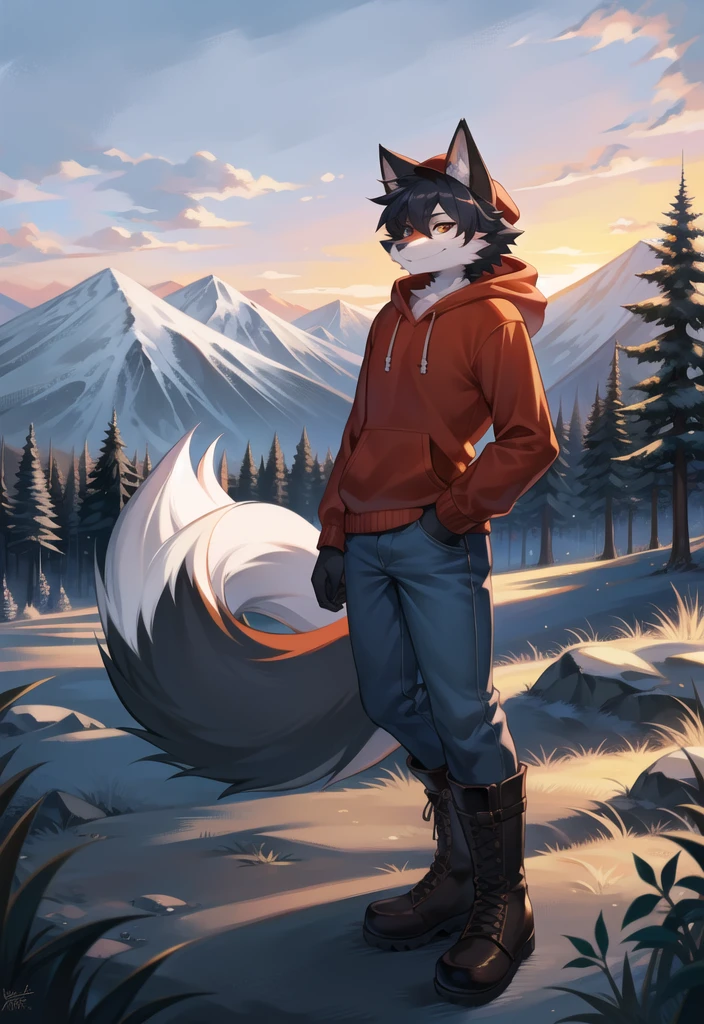 (Fox, furry, anthropomorphic), Male, standing in forest, mountain background, outside, wearing jeans wearing red hoodie, Furry art, Fur on arms, big Floofy tail, fur on legs, (Black Fur covering whole body, Best quality, human like body figure), looking at sunset, wearing white hat, wearing boots