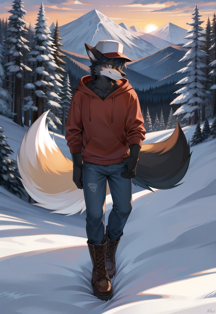 (Fox, furry, anthropomorphic), Male, standing in forest, mountain background, outside, wearing jeans wearing red hoodie, Furry art, Fur on arms, big Floofy tail, fur on legs, (Black Fur covering whole body, Best quality, human like body figure), looking at sunset, wearing white hat, wearing boots