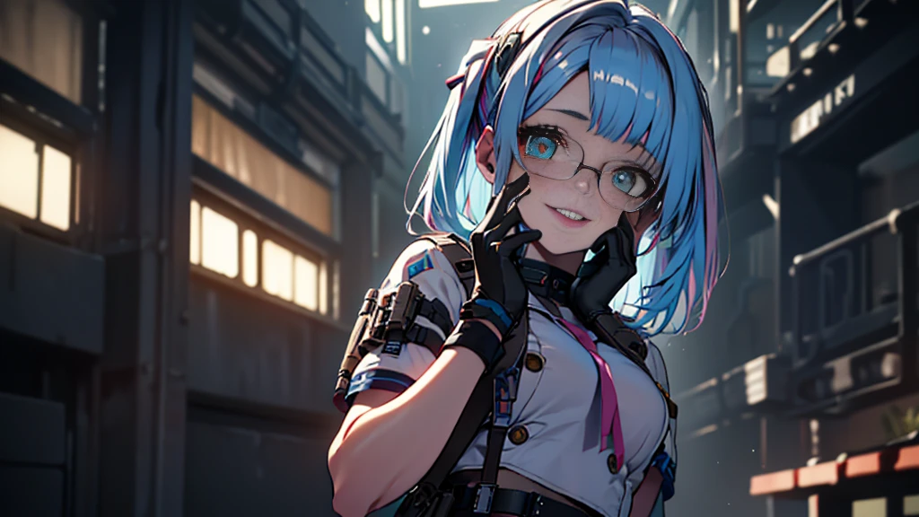 ((Best quality)), ((masterpiece)), (detailed:1.4), 3D, an image of a beautiful cyberpunk female, Yandere , Yandere Face , Trance , Trance Eyes , yameroyandere , constricted pupils , yandere , empty eyes . shaded face , crazy eyes , glowing gold eyes , crazy smile , neonfx, neon_valorant, 1girl, solo, looking at viewer, blue eyes, blonde hair, gloves, navel, bare midriff, twintails, blue hair, multicolored hair, parted lips, black gloves, belt, pants, hand on hip, floating hair, bandaid, bandaid on face, electricity, animification, bandaid on nose, large breasts, HDR (High Dynamic Range),Ray Tracing,NVIDIA RTX,Super-Resolution,Unreal 5,Subsurface scattering,PBR Texturing,Post-processing,Anisotropic Filtering,Depth-of-field,Maximum clarity and sharpness,Multi-layered textures,Albedo and Specular maps,Surface shading,Accurate simulation of light-material interaction,Perfect proportions,Octane Render,Two-tone lighting,Wide aperture,Low ISO,White balance,Rule of thirds,8K RAW,