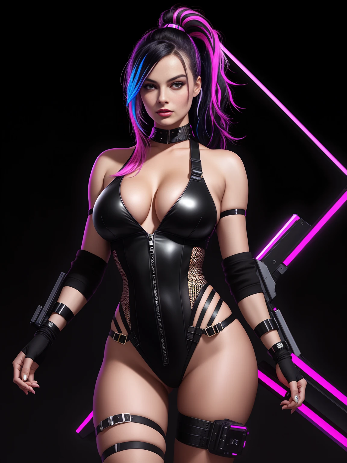 there is Margot Robbie, black neon streaked hair, hair in pony tail, 3 d neon art of a womans body, neon-noir background, cyberpunk femme fatale, seductive cyberpunk dark fantasy, cyberpunk strip clubs, cyberpunk 20 y. o model girl, oppai cyberpunk, banner, high definition cgsociety, cgsociety masterpiece, trending on cgstation, kda, random hair, nice ass, back to camera, gigantic breasts, cleavage, (high detailed skin:1.2), 8k uhd, dslr, super lighting, high quality, film grain, high res, highly detailed, hyper realistic, beautiful face, beautiful body, beautiful eyes nose lips, alluring expression, very bold, upper  visible, full body photo, standing legs apart, pale translucent glowing skin, most beautiful face, cute, (well defined pubic hair:1.2)), (dark plain black background:1.4))