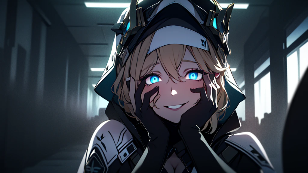 ((Best quality)), ((masterpiece)), (detailed:1.4), 3D, an image of a beautiful cyberpunk female, Yandere , Yandere Face , Trance , Trance Eyes , yameroyandere , constricted pupils , yandere ,
empty eyes . shaded face , crazy eyes , glowing blue eyes , crazy smile ,  long bread blond hair, smile, black and white Nun hat, Big chest, Big thigh, High thigh black knee sock, full view of girl, battlefield background, black combat boot, red necktie, black glove, black combat suit, black jacket, black cloak, black panty, ammo belt, HDR (High Dynamic Range),Ray Tracing,NVIDIA RTX,Super-Resolution,Unreal 5,Subsurface scattering,PBR Texturing,Post-processing,Anisotropic Filtering,Depth-of-field,Maximum clarity and sharpness,Multi-layered textures,Albedo and Specular maps,Surface shading,Accurate simulation of light-material interaction,Perfect proportions,Octane Render,Two-tone lighting,Wide aperture,Low ISO,White balance,Rule of thirds,8K RAW,