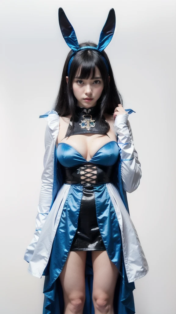 a close up of a person wearing a costume with a rabbit head, black - haired mage, magic uniform, costume with blue accents, female character, full body illustration, blue eyes, azur lane style, anime moe artstyle, live2d virtual youtuber model, cute anime waifu in a nice dress, 4k quality