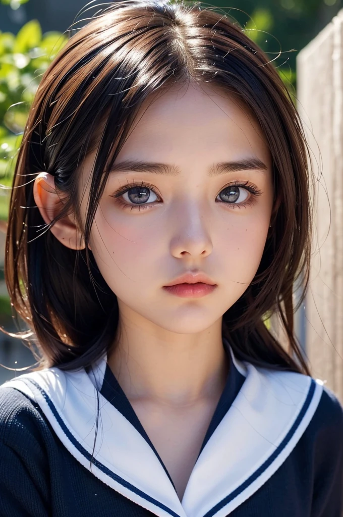 One Girl，(1人のとてもcute女の子:1.3)，masterpiece，highest quality，High resolution，Photorealistic，RAW Photos，Ray Tracing，beautiful girl，(15 years old:1.3)，cute，Big eyes，(detailed pupils:1.2)，(The face is facing straight ahead:1.3)，Body facing forward，Beautiful nose，Fuller lips，Short black hair，ponytail，short hair，Detailed eyelashes，Thin eyebrows，Very fine grain definition，(Symmetrical eyes:1.3)，(Face close-up，Face Focus:1.0)，White and navy blue sailor suit，，Portrait，View Viewer，Small breasts，Cinema Lighting，High resolution，Very detailed