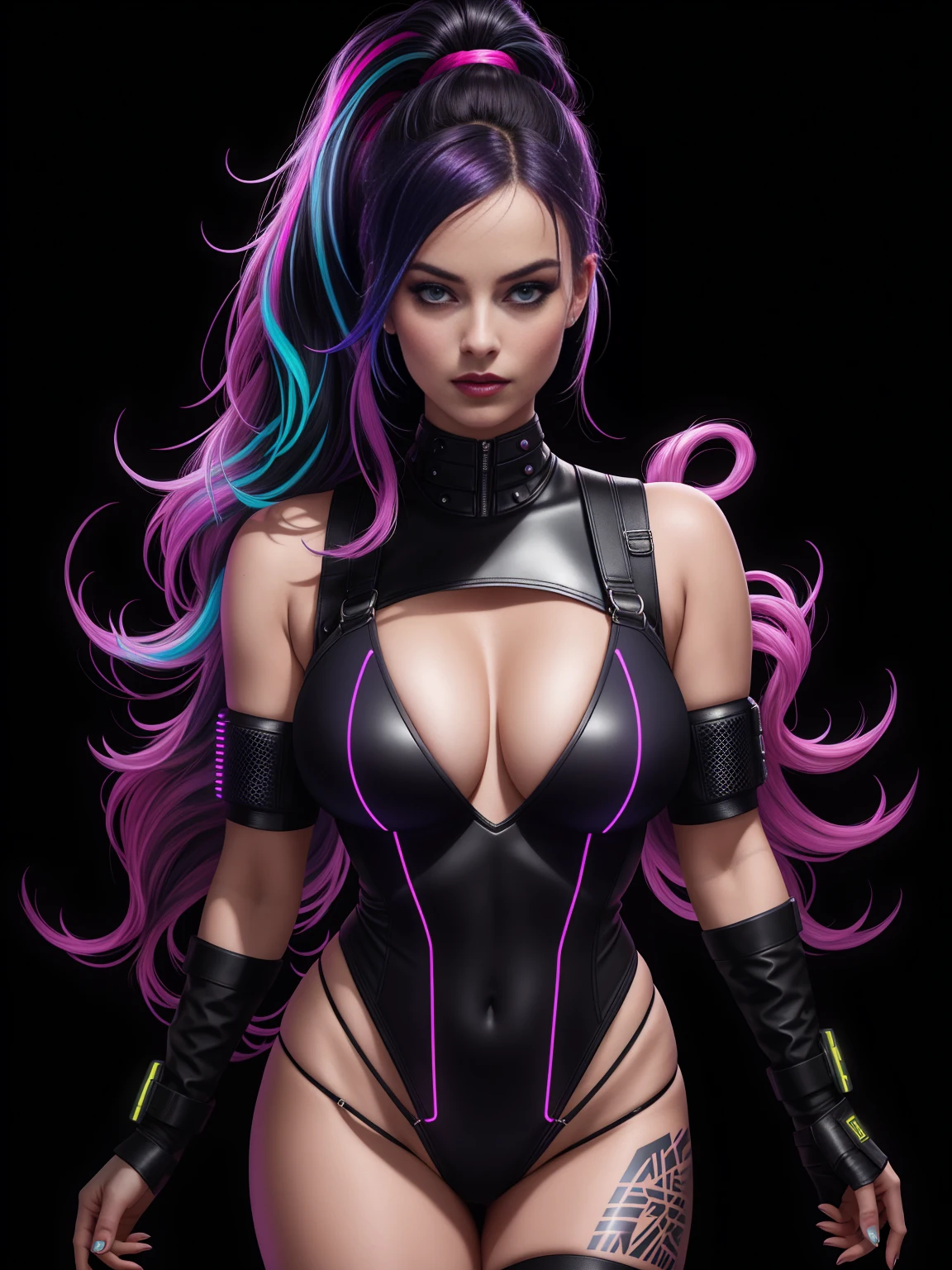 there is Margot Robbie, navy blue and bright purple neon streaked hair, hair in pony tail, 3 d neon art of a womans body, neon-noir background, cyberpunk femme fatale, seductive cyberpunk dark fantasy, cyberpunk strip clubs, cyberpunk 20 y. o model girl, oppai cyberpunk, banner, high definition cgsociety, cgsociety masterpiece, trending on cgstation, kda, random hair, looking at camera, gigantic breasts, cleavage, (high detailed skin:1.2), 8k uhd, dslr, super lighting, high quality, film grain, high res, highly detailed, hyper realistic, beautiful face, beautiful body, beautiful eyes nose lips, alluring expression, very bold, upper  visible, full body photo, standing legs apart, pale translucent glowing skin, most beautiful face, cute, (well defined pubic hair:1.2)), (dark plain black background:1.4))