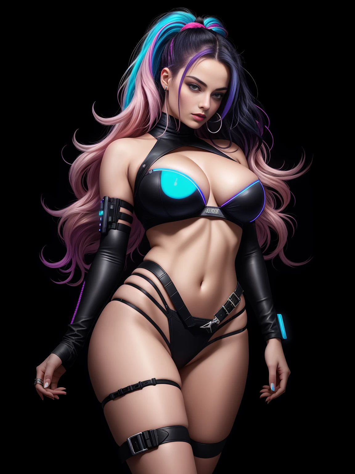 there is Margot Robbie squatting, royal blue and bright purple neon streaked hair, hair in pony tail, 3 d neon art of a womans body, neon-noir background, cyberpunk femme fatale, seductive cyberpunk dark fantasy, cyberpunk strip clubs, cyberpunk 20 y. o model girl, oppai cyberpunk, banner, high definition cgsociety, cgsociety masterpiece, trending on cgstation, kda, random hair, looking at camera, gigantic breasts, cleavage, (high detailed skin:1.2), 8k uhd, dslr, super lighting, high quality, film grain, high res, highly detailed, hyper realistic, beautiful face, beautiful body, beautiful eyes nose lips, alluring expression, very bold, upper visible, full body photo, standing legs apart, pale translucent glowing skin, most beautiful face, cute, (well defined pubic hair:1.2)), (dark plain black background:1.4))