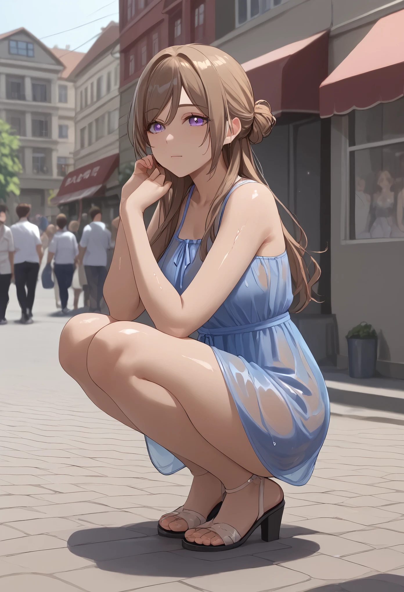score_9, score_8_up, score_7_up, score_6_up, source_anime,masterpiece, best quality, 8k, 8k UHD, ultra-high resolution, ultra-high definition, highres, shading, good_hands, himesaki rinami, purple eyes, brown hair, hair bun, long hair, blue dress, see-through dress, bare legs, (flats), (shiny skin, wet skin), outdoors, street, solo, 1girl, full body, (squatting),