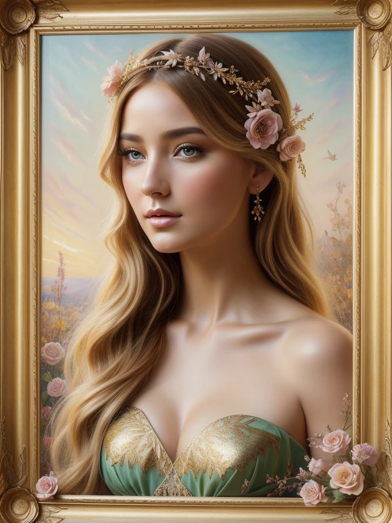 A botanical masterpiece in the style of Emile Vernon, detailed, hyper-realistic, elemets of symbolism and surrealism, a painting by mse an insanely beautiful woman 45 years old by Emile Vernon, luminous design, pastel colours, gold, ink drips, autumn lights, intricate design, intertwined, perfect beautiful woman, flowers, pastel, gold, stunning beauty, ethereal beauty, 