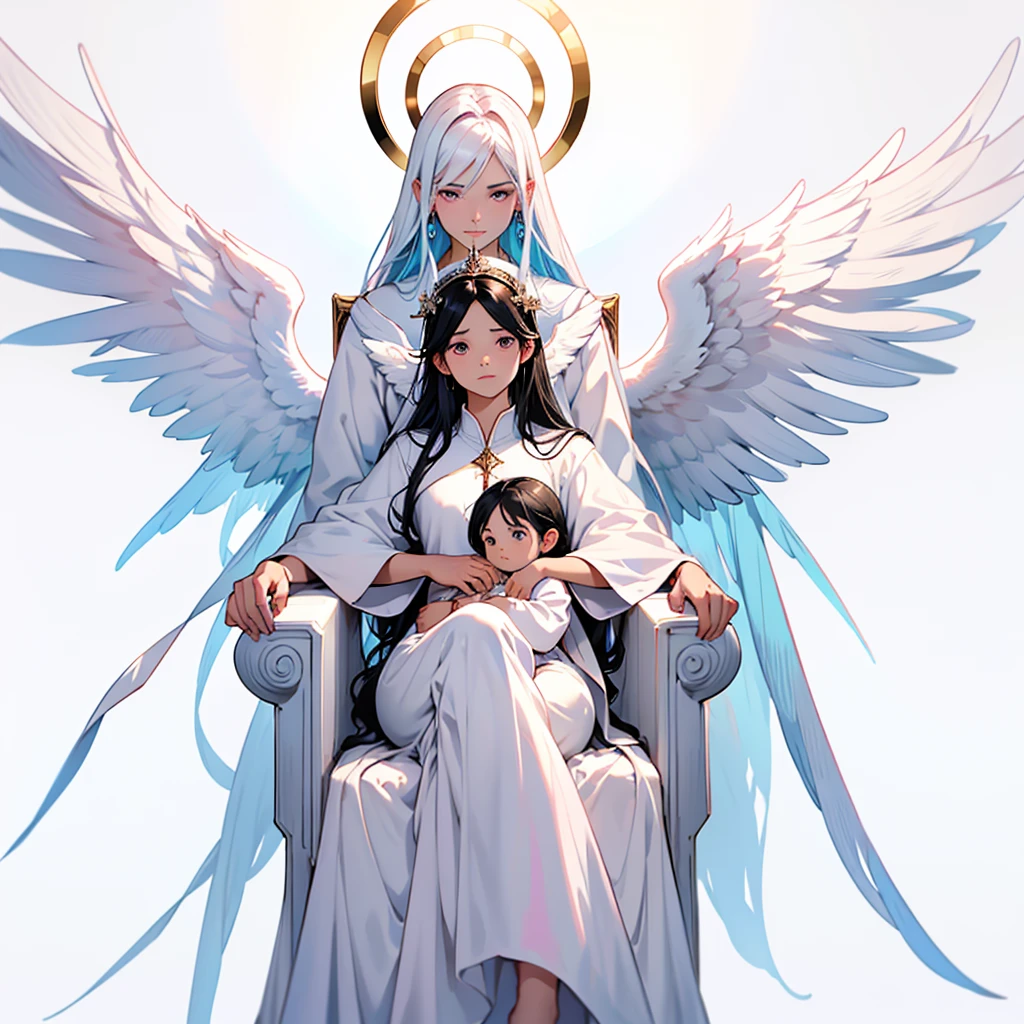 Biblically accurate angel, multiple eyes, rings of fire, cute, long black hair, thone, androgenous, long white tunic, baby blue light pink and white color scheme, peaceful expression, kind expression, motherly expression, powerful, sitting on a throne, pink white and blue wings, three pairs of wings, androgynous appearance, male, male angel, six wings, 6 wings,