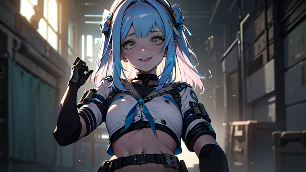 ((Best quality)), ((masterpiece)), (detailed:1.4), 3D, an image of a beautiful cyberpunk female, Yandere , Yandere Face , Trance , Trance Eyes , yameroyandere , constricted pupils , yandere , empty eyes . shaded face , crazy eyes , glowing gold eyes , crazy smile , neonfx, neon_valorant, 1girl, solo, looking at viewer, blue eyes, blonde hair, gloves, navel, bare midriff, twintails, blue hair, multicolored hair, parted lips, black gloves, belt, pants, hand on hip, floating hair, bandaid, bandaid on face, electricity, animification, bandaid on nose, large breasts, HDR (High Dynamic Range),Ray Tracing,NVIDIA RTX,Super-Resolution,Unreal 5,Subsurface scattering,PBR Texturing,Post-processing,Anisotropic Filtering,Depth-of-field,Maximum clarity and sharpness,Multi-layered textures,Albedo and Specular maps,Surface shading,Accurate simulation of light-material interaction,Perfect proportions,Octane Render,Two-tone lighting,Wide aperture,Low ISO,White balance,Rule of thirds,8K RAW,