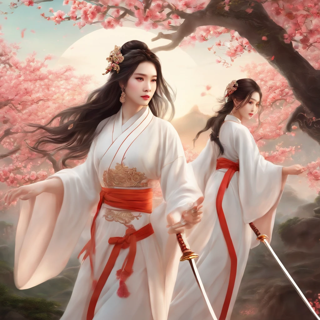 best quality, masterpiece, highres,3girls,Beautiful face,full body,chinese clothes,white Taoist robes,right hand hold sword with (Gorgeous ornamentation),peach trees,