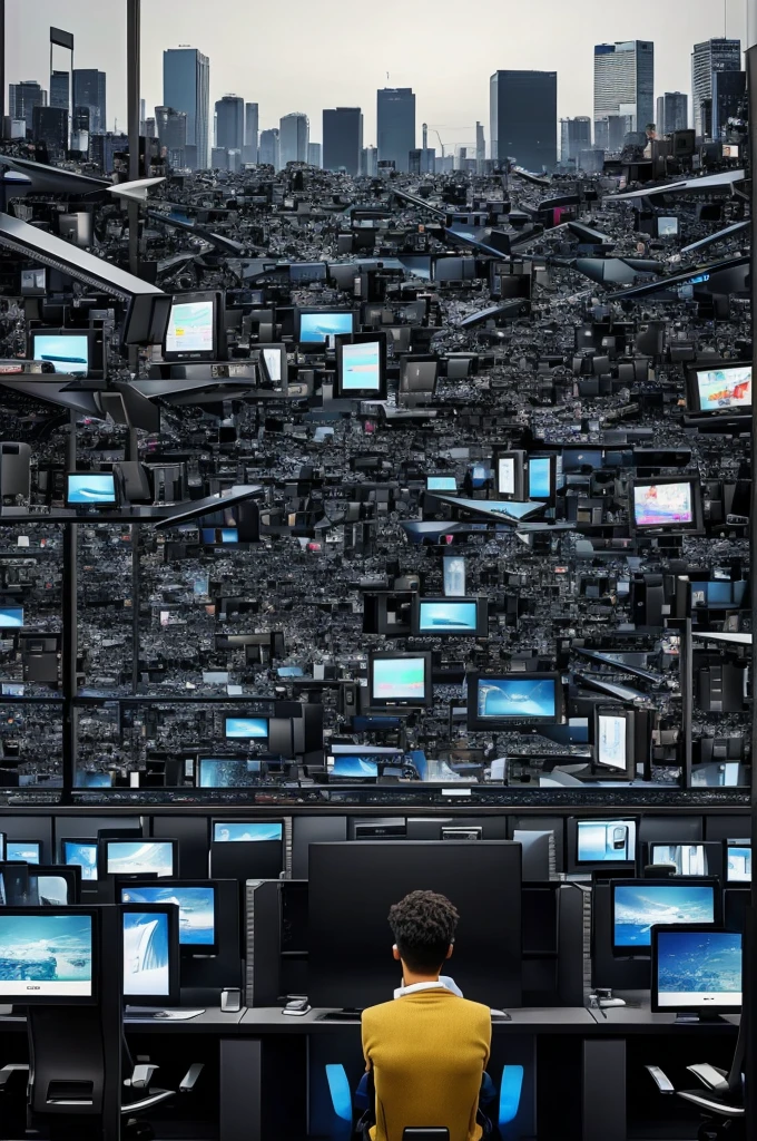 Digital Overload:A person surrounded by multiple screens and devices, depicting the overwhelming influence of technology and information in contemporary times.