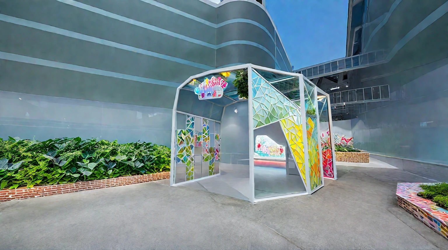 masterpiece , best quality, Design an outdoor booth for a children's popup shop, colorful graffiti, bright color palette and a white metal, transparent glass wall, light blue geometric, Surrounded by green plants, Hong Kong, water,reflection,