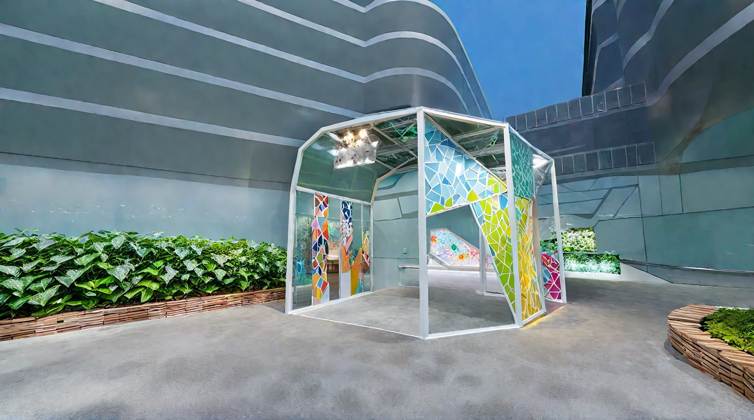 masterpiece , best quality, Design an outdoor booth for a children's popup shop, colorful graffiti, bright color palette and a white metal, transparent glass wall, light blue geometric, Surrounded by green plants, Hong Kong, water,reflection,