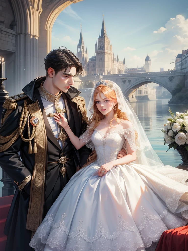 （1 man and 1 woman looking at each other on the arch bridge）, Couple​, princess, Crown Prince,   Cathedral backdrop,bridal veil,wedding dress,An arrogant face