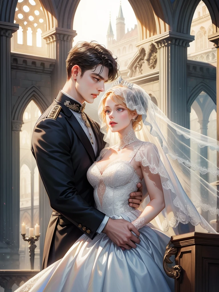 （1 man and 1 woman looking at each other on the arch bridge）, Couple​, princess, Crown Prince,   Cathedral backdrop,bridal veil,wedding dress,An arrogant face