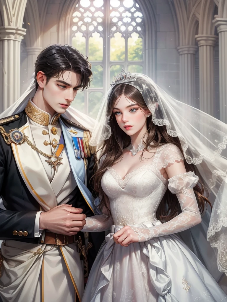 (1 man and 1 woman looking at each other on the arch bridge), Couple, princess, Crown Prince, Cathedral backdrop,bridal veil,wedding dress,An arrogant face