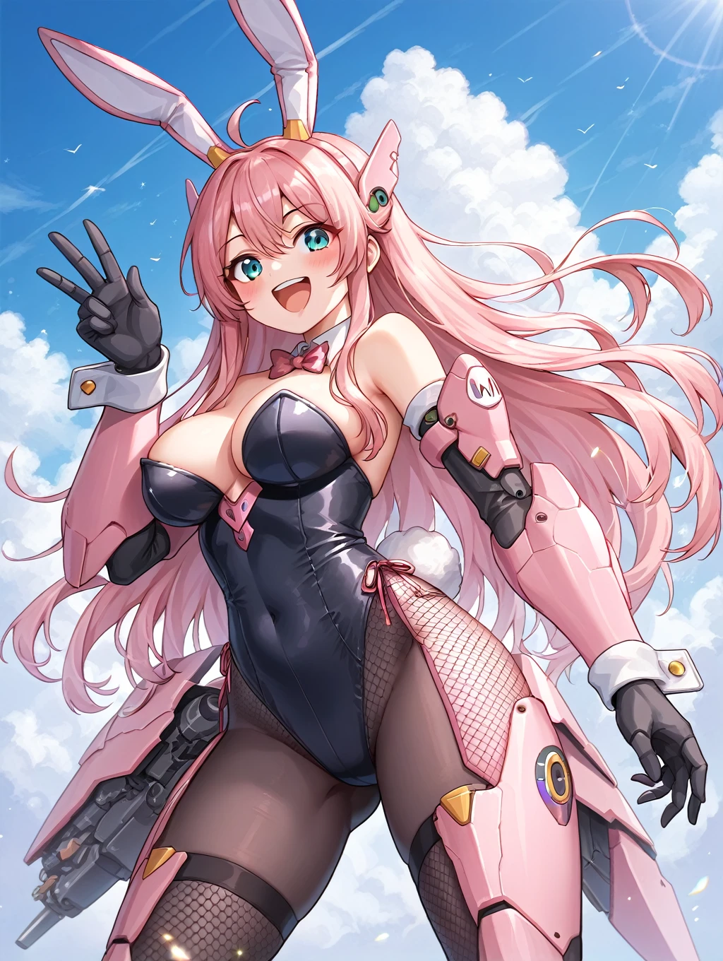score_9, score_8_up, score_7_up, source_anime, masterpiece, best quality, high resolution, extremely detailed CG, absurdres, 1girl, a girl in mecha bunny suit, mecha bunny ears, fake animal ears, mecha armor,happy, kawaii, sky, jump, fishnet_thighhighs, large_breasts